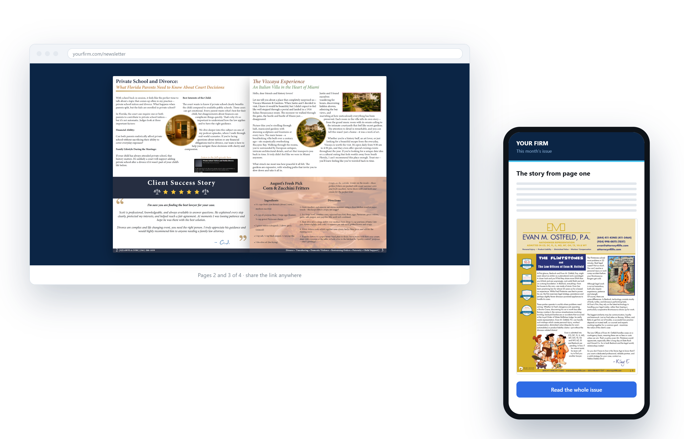 A published newsletter open as a flipbook in a browser, and the same issue as an email on a phone.