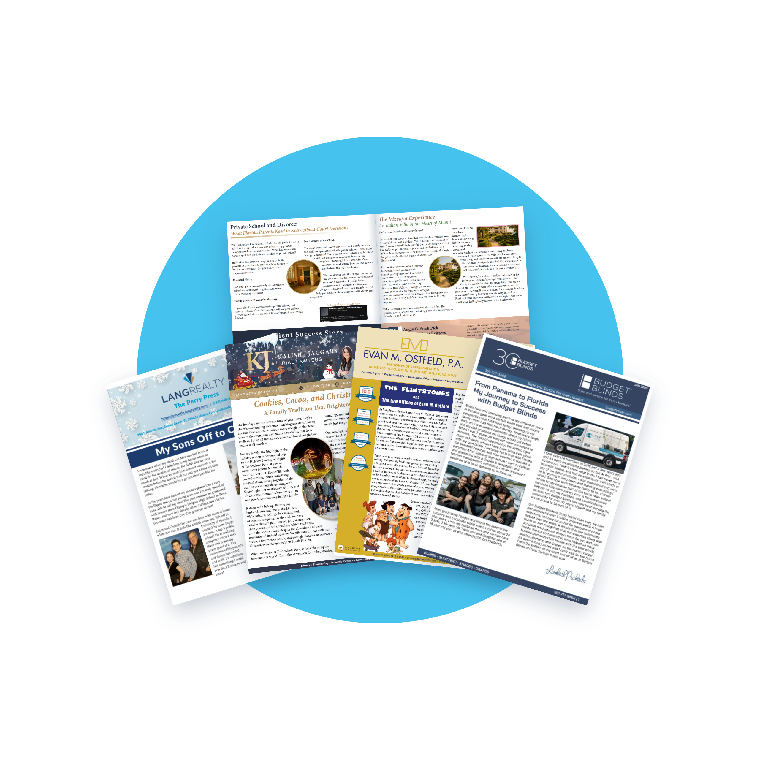 Four published newsletter covers fanned out, with one issue open to its inside spread.